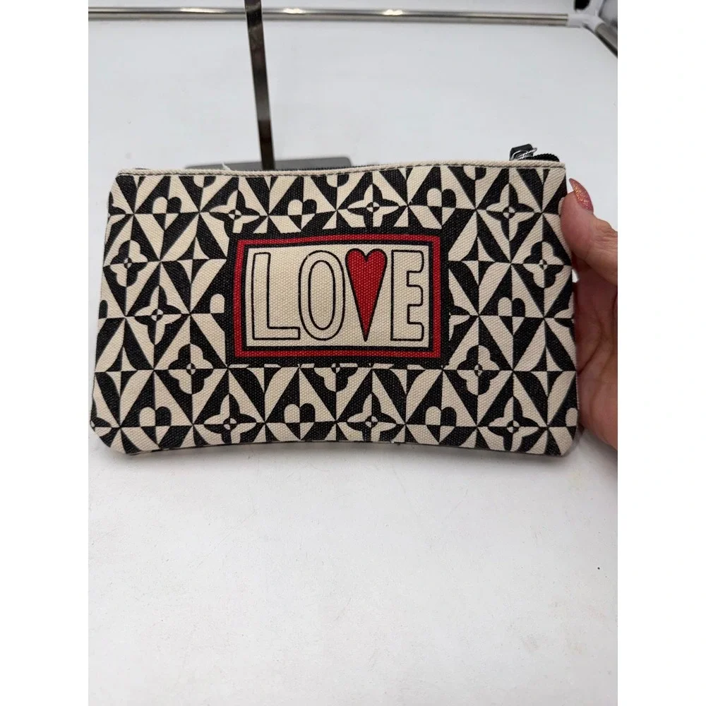 Brighton LOVE Heart Geometric Canvas Zipper Pouch Cosmetic Bag Black Cream Red